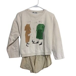 Zara Womens Graphic Sweatshirt Mixed Media Poplin Back Drawstring Cream Size M